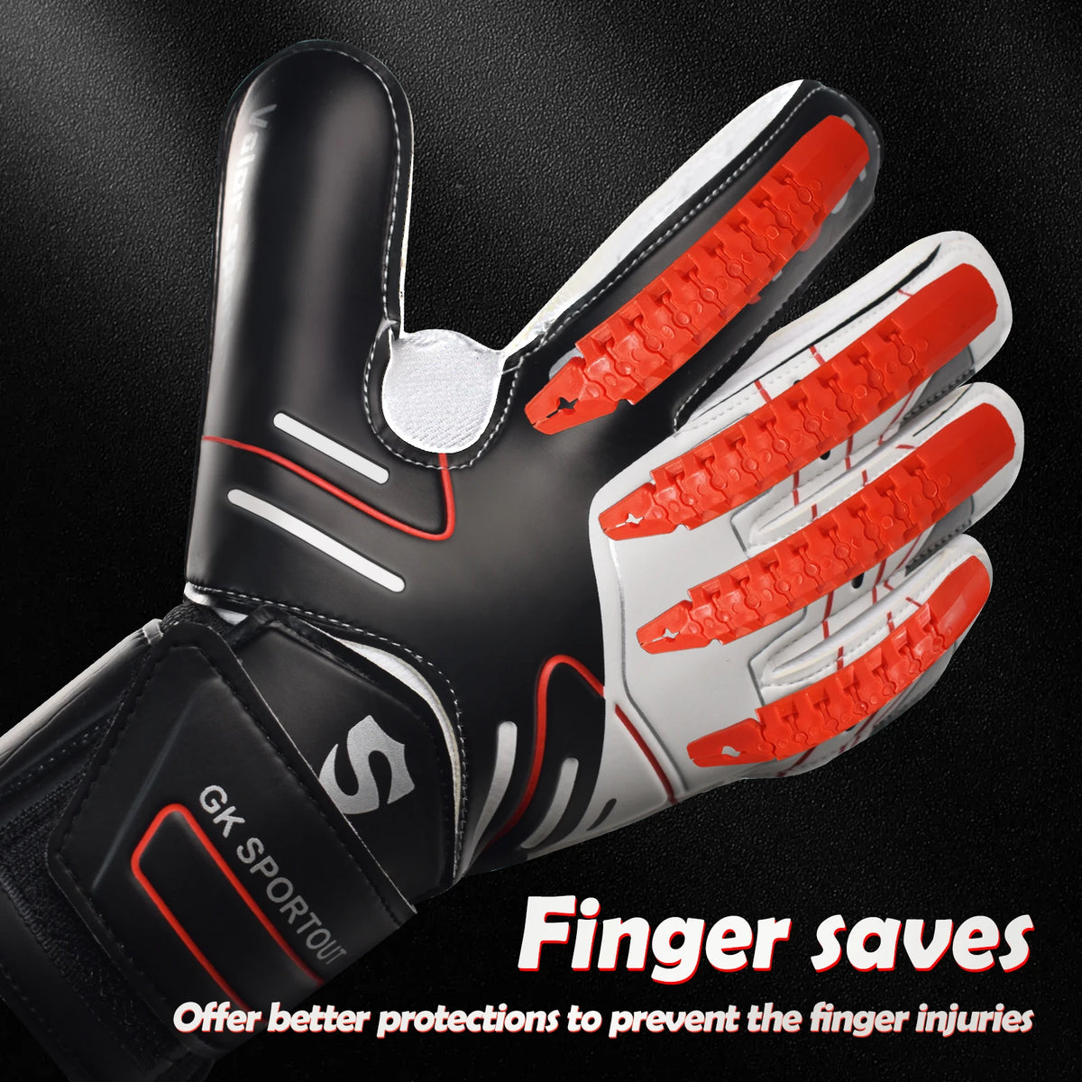 Guantes de portero negros y blancos con detalles rojos, vista de cerca