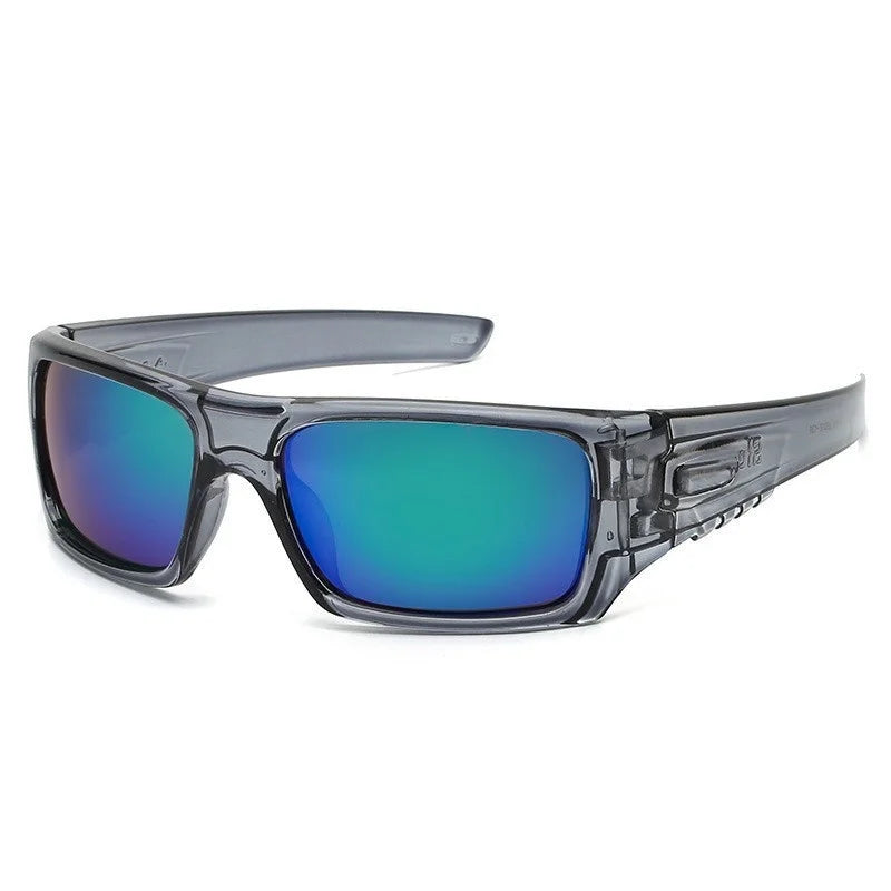 Clear plastic vintage rectangle sunglasses with blue-green lenses and dark frames