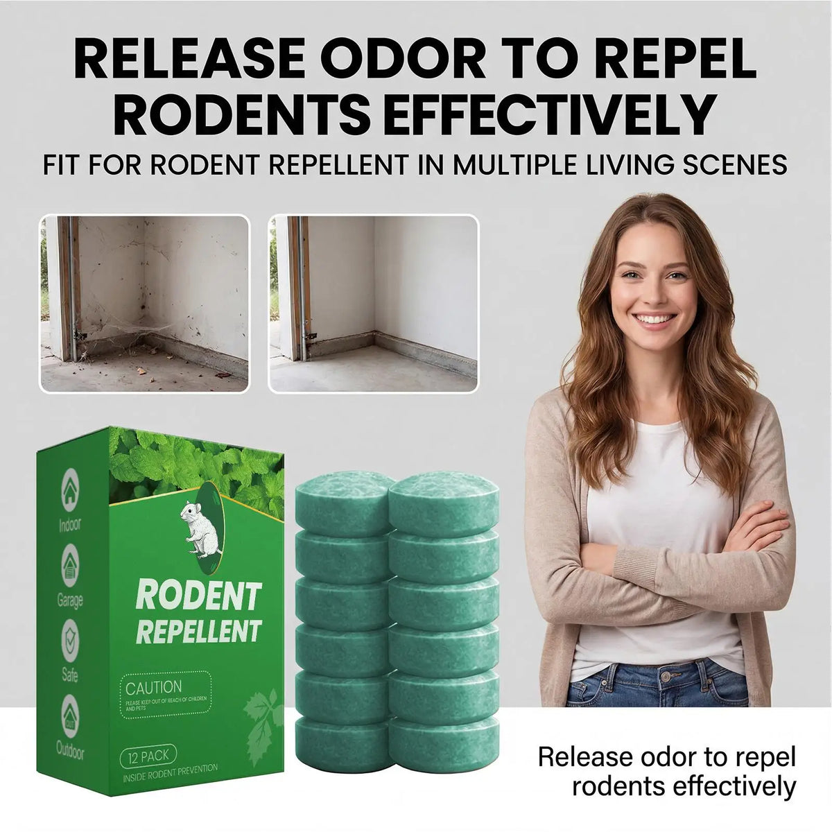A woman holds a box and twelve green rodent repellent balls, demonstrating the product for pest control.