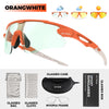 Orange-white photochromic sports sunglasses with UV400 protection and accessories