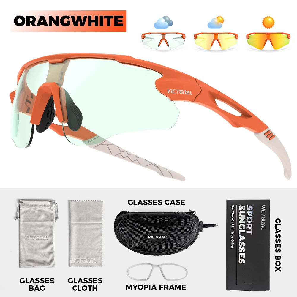 Orange-white photochromic sports sunglasses with UV400 protection and accessories