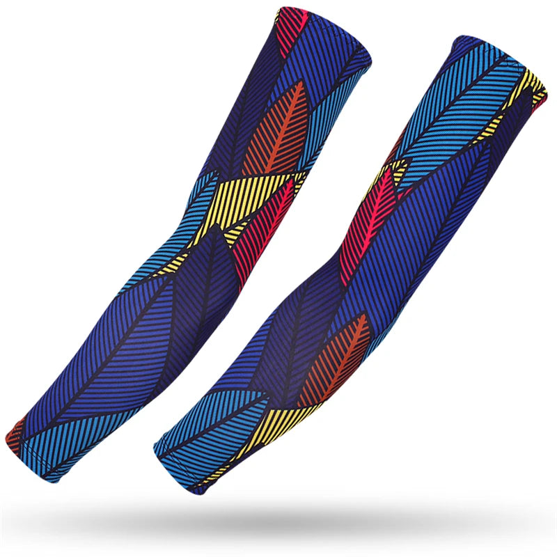 Two blue and black patterned sports arm sleeves displayed against a white background.