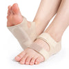 A person's foot is shown wearing beige adjustable gel heel cups for pain relief.