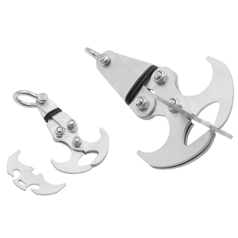 Stainless steel folding grappling hook with a spring-loaded mechanism.