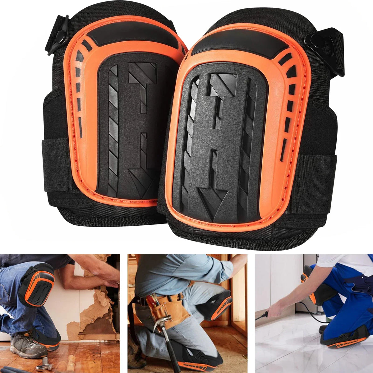 Black and orange heavy duty gel knee pads shown in various angles and usage contexts.