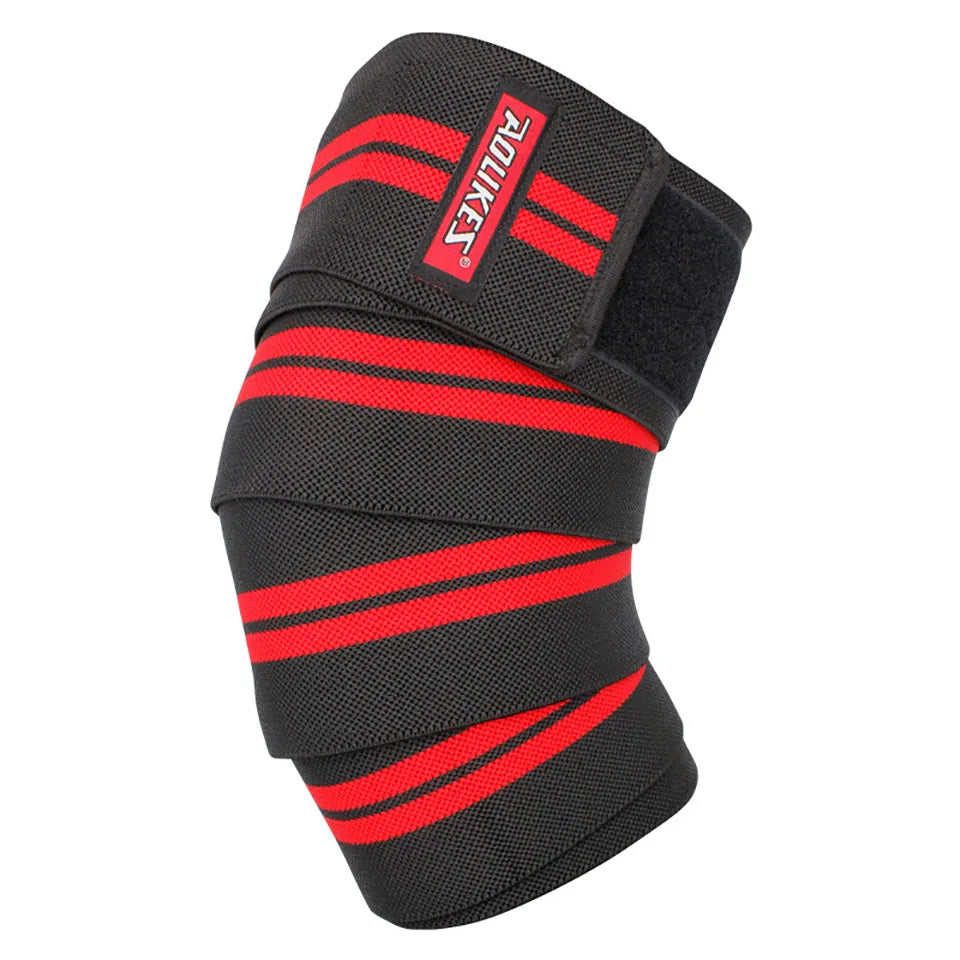 Black knee wraps with red stripes and an AOLikes logo for weightlifting