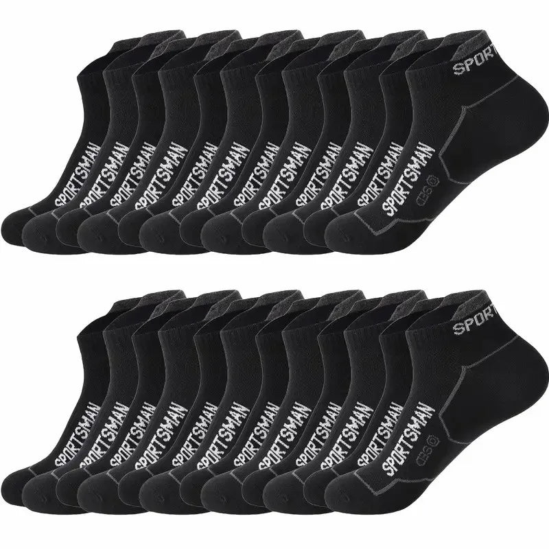A pack of black breathable men's athletic socks is displayed, showing various styles and branding.