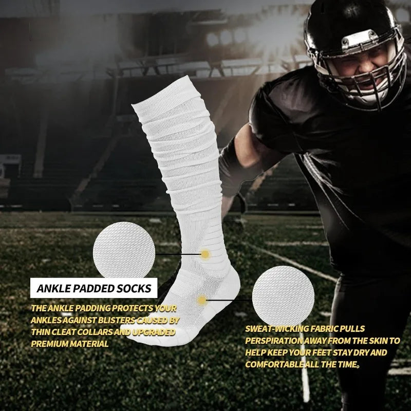 Close-up of ankle padded socks worn by a football player during practice.