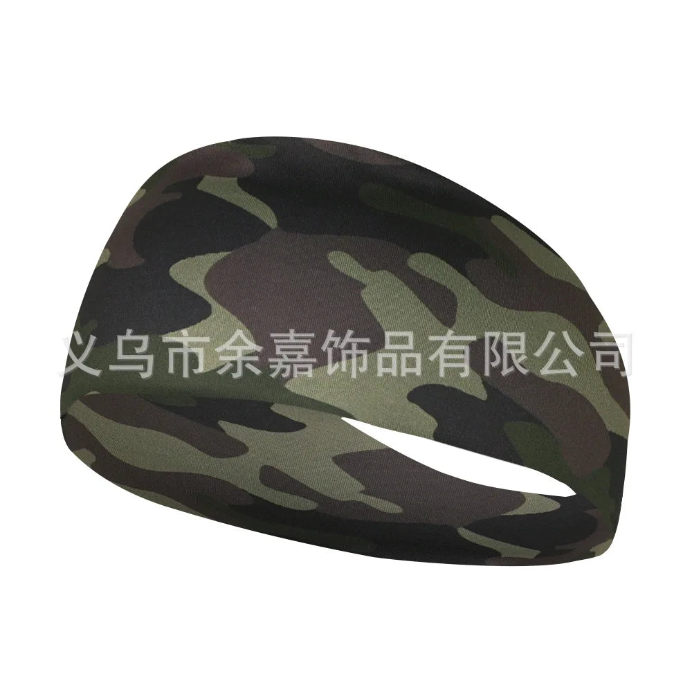 A dark green and brown camouflage elastic sports headband shown from the side.