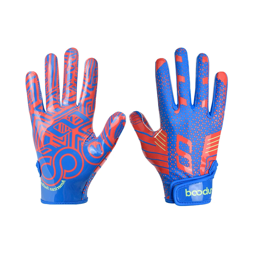 Pair of blue and orange sports training gloves with patterned palms