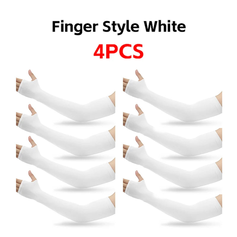 Four white finger style arm sleeves shown in various angles