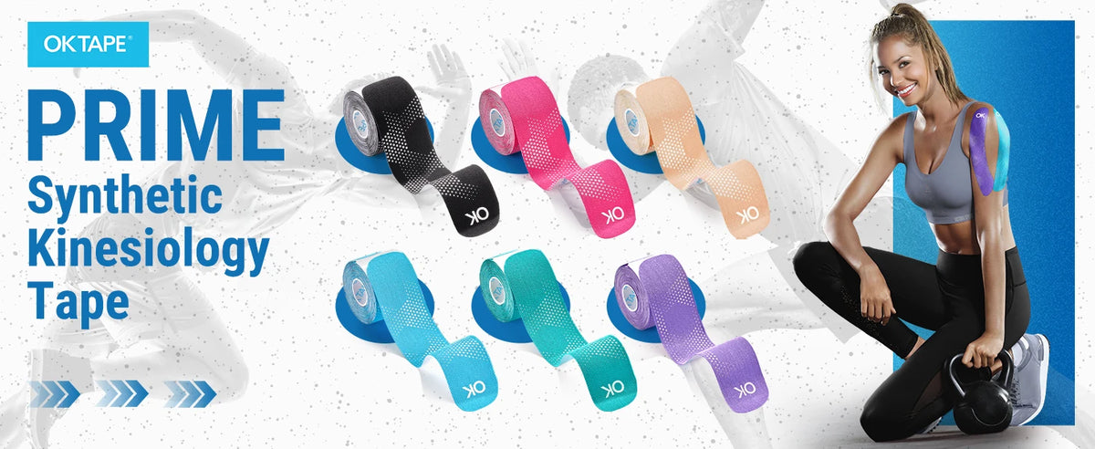 Various colors of Prime Synthetic Kinesiology Tape rolled out on a white background.