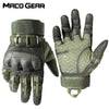 A pair of tactical PU leather touch screen gloves in olive green and black camouflage pattern.