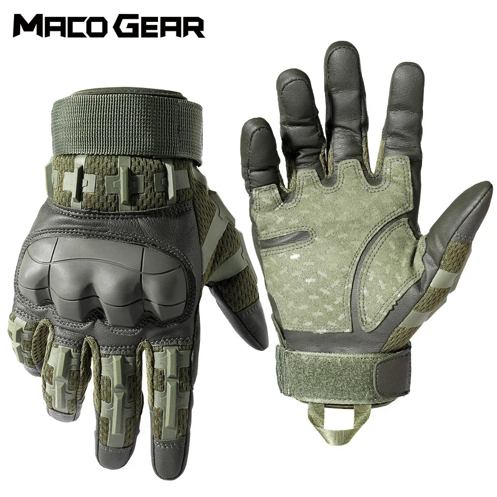 A pair of tactical PU leather touch screen gloves in olive green and black camouflage pattern.