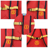 Five views showing the adjustable tactical backpack strap harness in red and black.