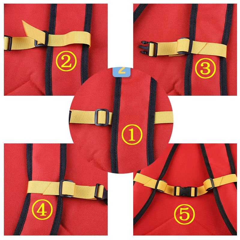 Five views showing the adjustable tactical backpack strap harness in red and black.