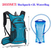 A blue hydration backpack with a 2L water bag and attached hose is shown next to its dimensions.
