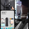 A black electric shaker bottle with a liquid crystal display and a silicone cap is shown next to various ingredients.