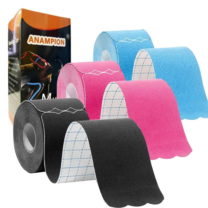 Rolls of Anampion kinesiology tape in various colors including blue, pink, and black.