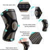 A black knee brace with various components including a non-slip seam strip, silicone pad, metal spring stabilizers, and air k