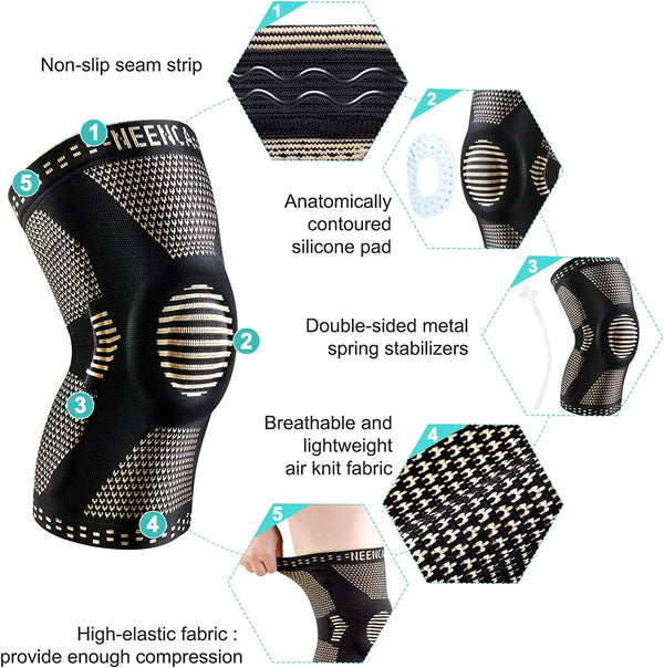 Genou en orthèse noire avec bande antidérapante, coussin silicone, ressorts métalliques et air