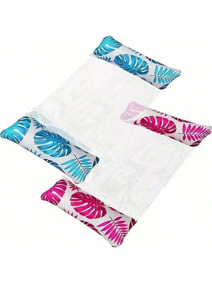 A stack of multi-purpose inflatable pool float hammocks featuring patterns in blue and pink leaves.