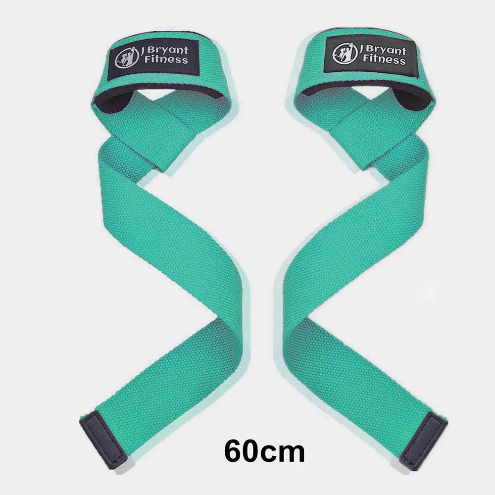 A teal gym wrist strap with a black logo, shown in a half-wrapped position.