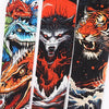 A set of four vertical arm sleeves featuring fierce animal faces like a dragon, wolf, and tiger in vibrant orange and black d