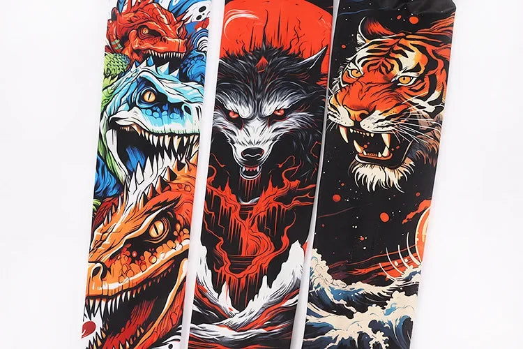 A set of four vertical arm sleeves featuring fierce animal faces like a dragon, wolf, and tiger in vibrant orange and black d