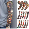 A collection of reusable stretch tattoo arm sleeves featuring various colorful and detailed designs on an arm.