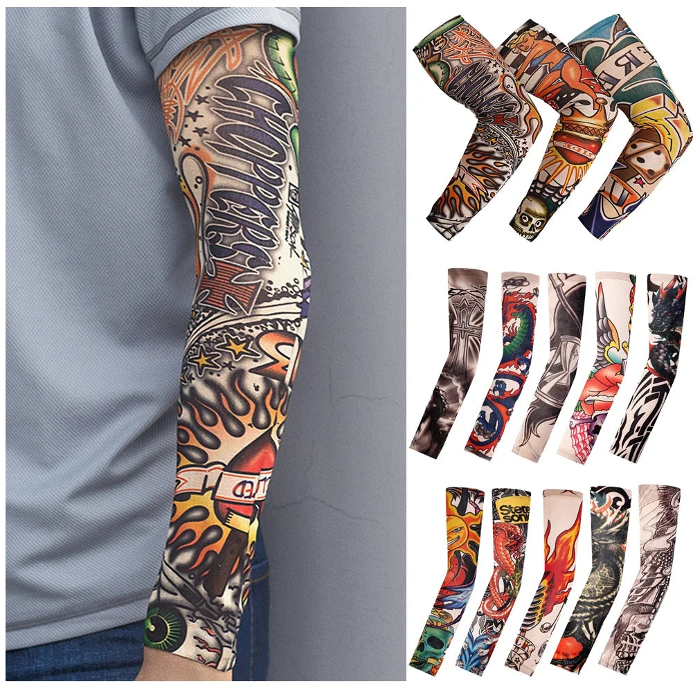 A collection of reusable stretch tattoo arm sleeves featuring various colorful and detailed designs on an arm.