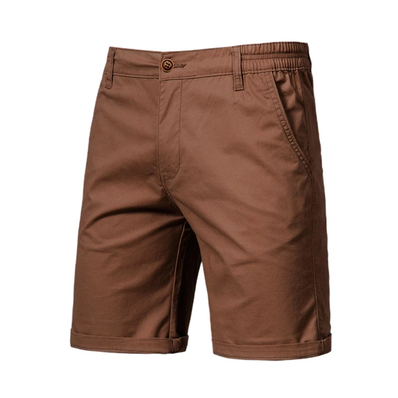 Brown men's summer cotton casual shorts with a visible waistband and side pockets.