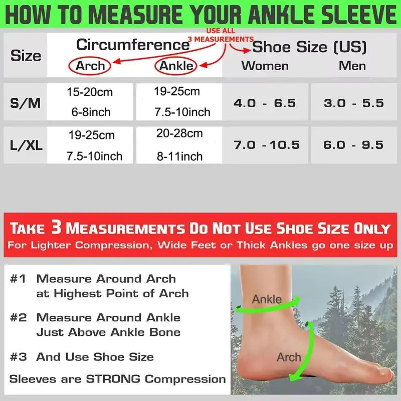 Instructions for measuring an ankle sleeve, showing how to measure the arch and ankle for compression.