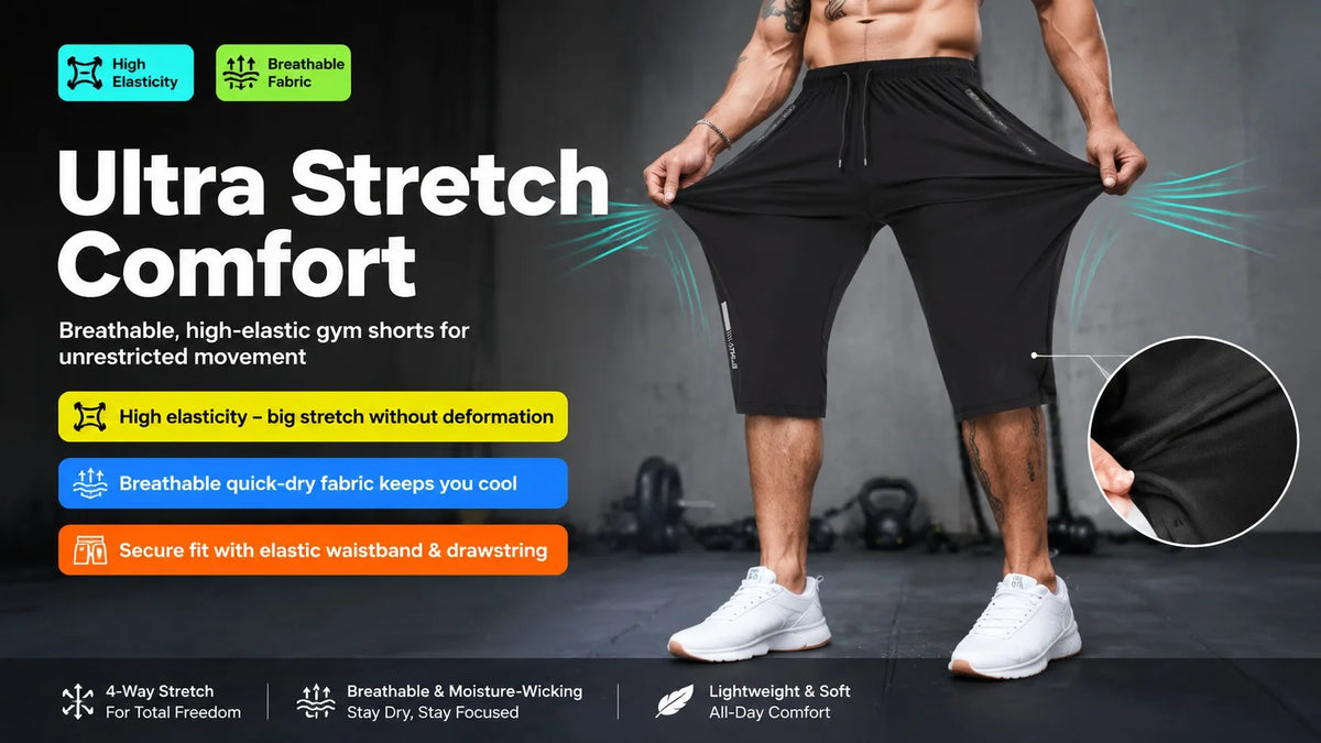 A muscular man models black Ultra Stretch Comfort gym shorts, highlighting their fit and fabric features.
