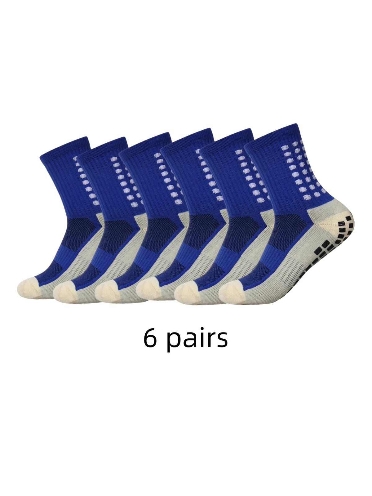 Sechs Paar blaue und graue Performance-Sportsocken zur Rutschfestigkeit in einer Reihe.