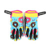Pair of bright blue gloves with pink accents and a donut pattern for motorcycle or MTB riding