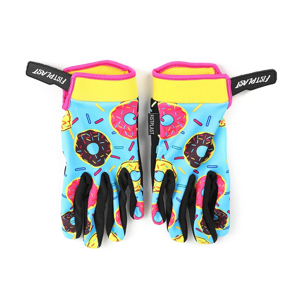 Pair of bright blue gloves with pink accents and a donut pattern for motorcycle or MTB riding