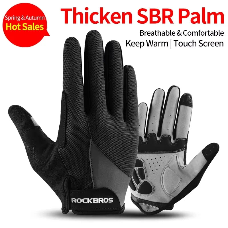 Black Thicken SBR Palm gloves for riding, shown in a close-up view.