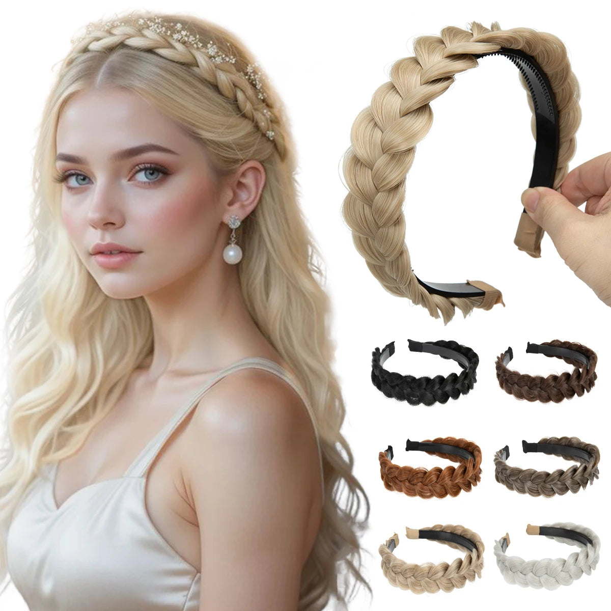 A woman models a blonde braid crown and various braided hair accessories including cornrows and braids.
