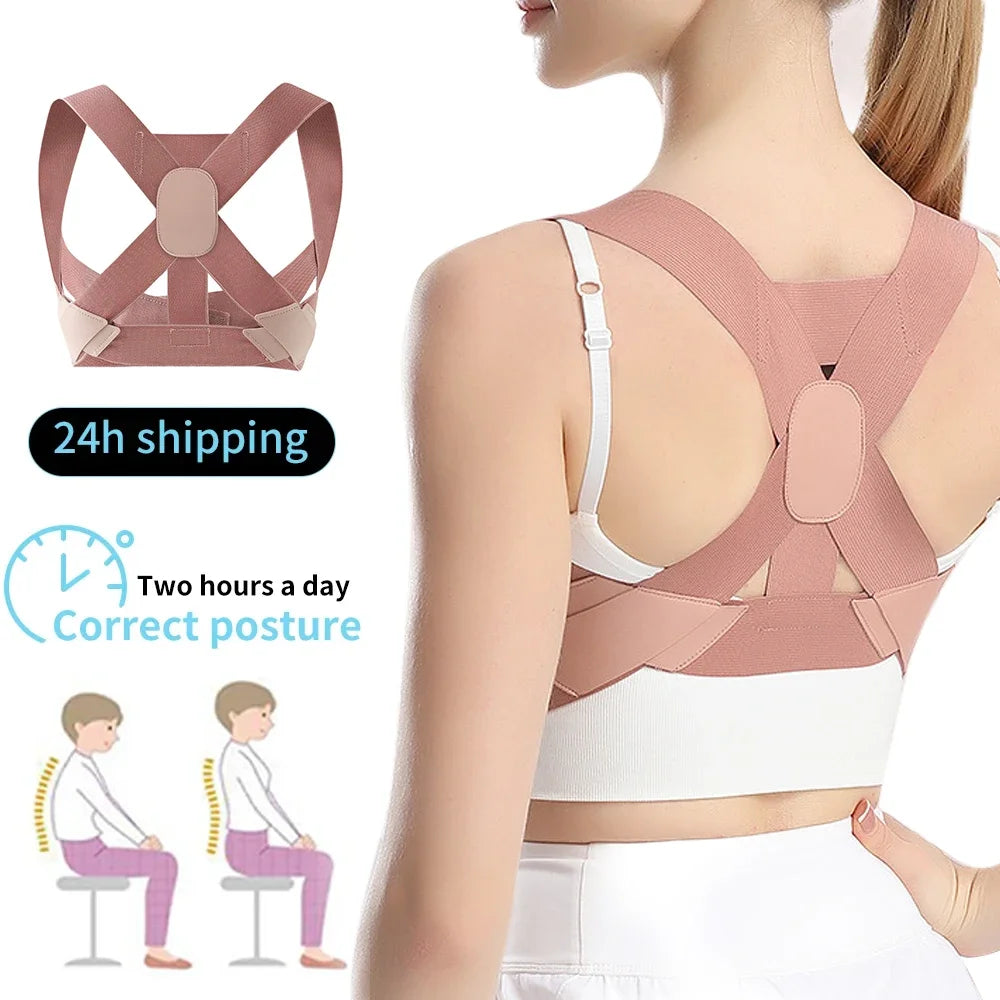 A woman wearing a pink posture corrector back brace for spine and shoulder support, demonstrating correct posture.