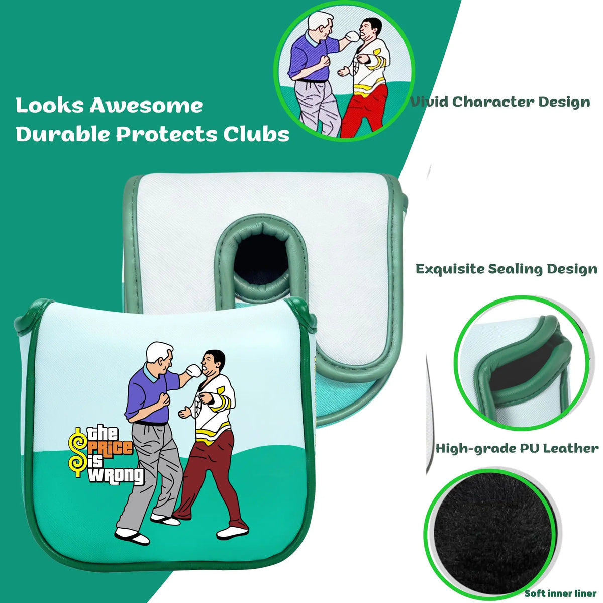 A green protective sleeve for golf clubs featuring a funny pattern, showing the design and sealing details.