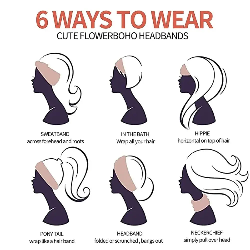 Seis formas de usar diademas bohemias de flores lindas mostradas en la silueta de una mujer.
