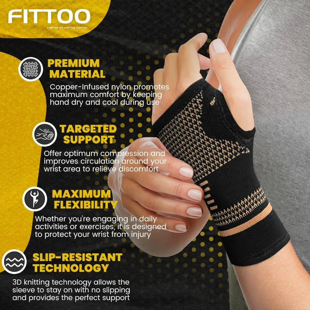 A hand wearing a black copper-infused nylon wrist protector for support and comfort.