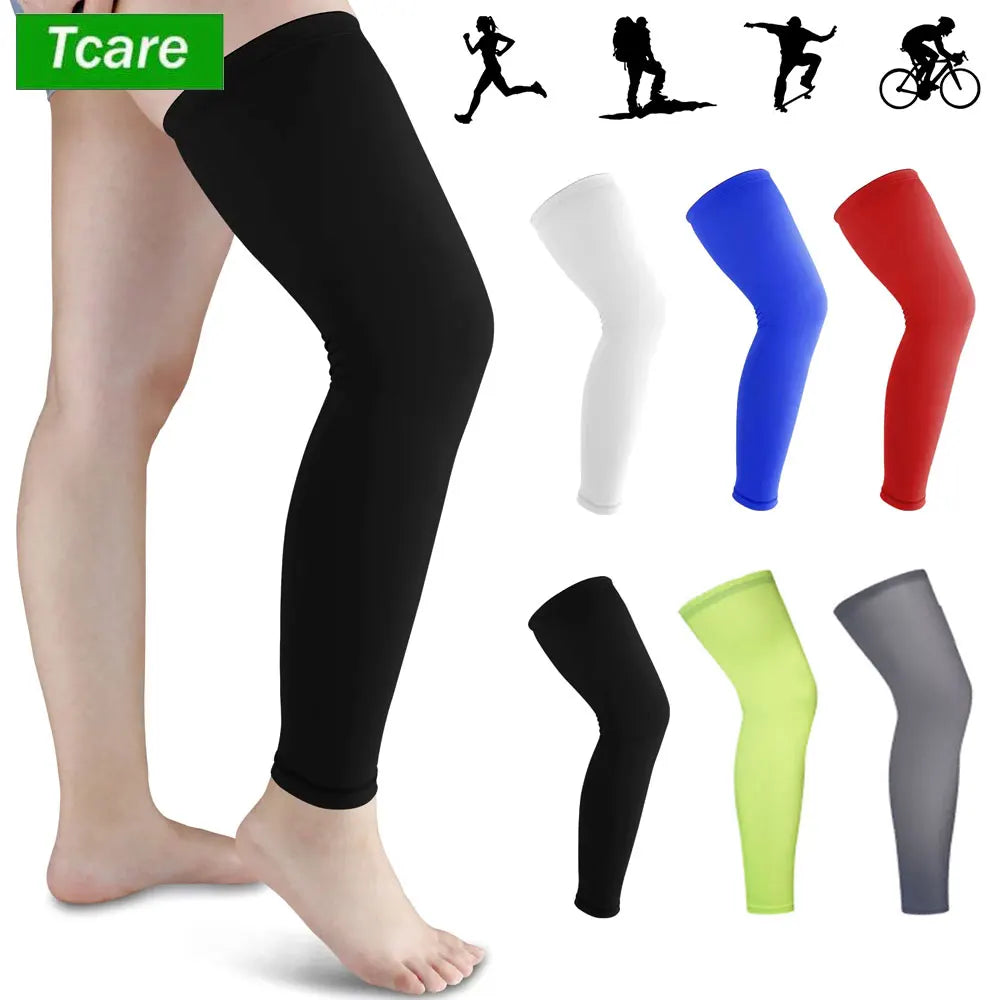 Various colored full leg compression sleeves shown on a person's leg.