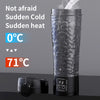 A clear insulated shaker bottle with a black base is shown next to a thermometer indicating temperature differences.