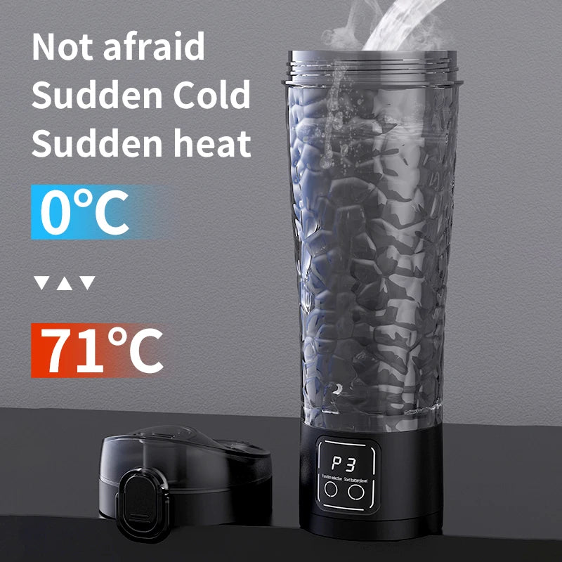 A clear insulated shaker bottle with a black base is shown next to a thermometer indicating temperature differences.