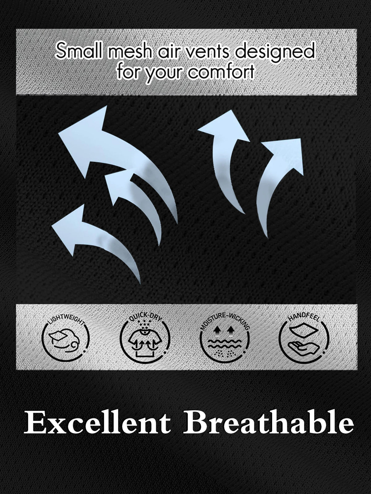 A black mesh t-shirt with air vents and features like lightweight, quick-dry, moisture-wicking, and handfeel.