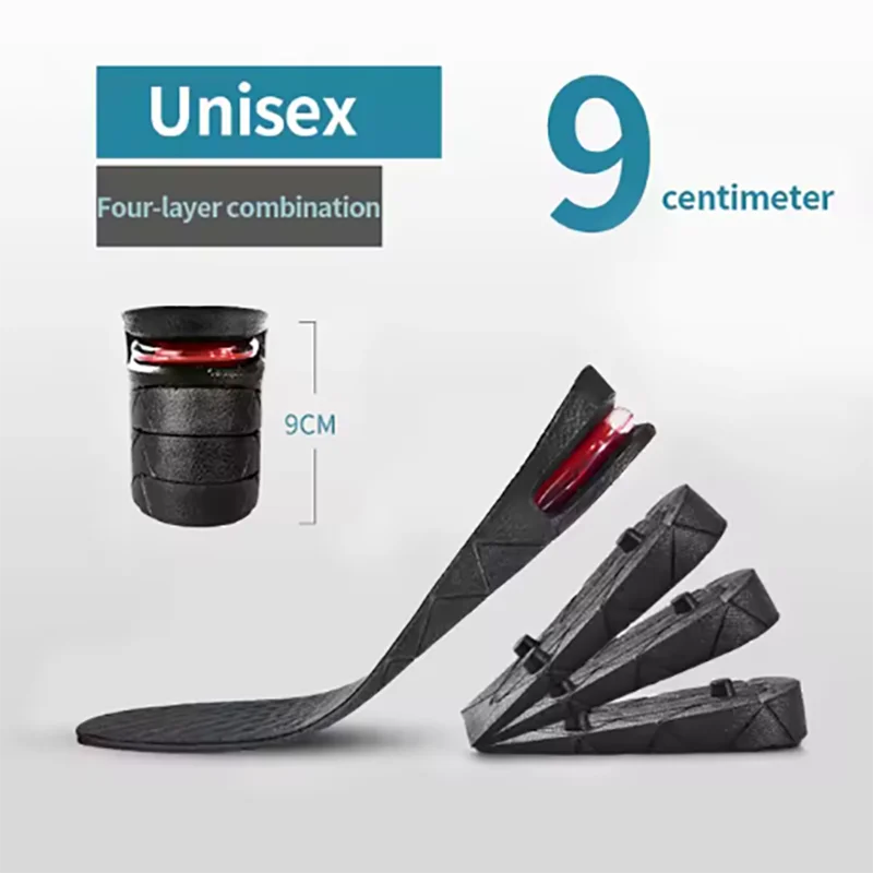 Un insert de chaussure combiné noir à quatre couches, d'une hauteur de 9 cm, montré à côté de plusieurs inserts individuels.