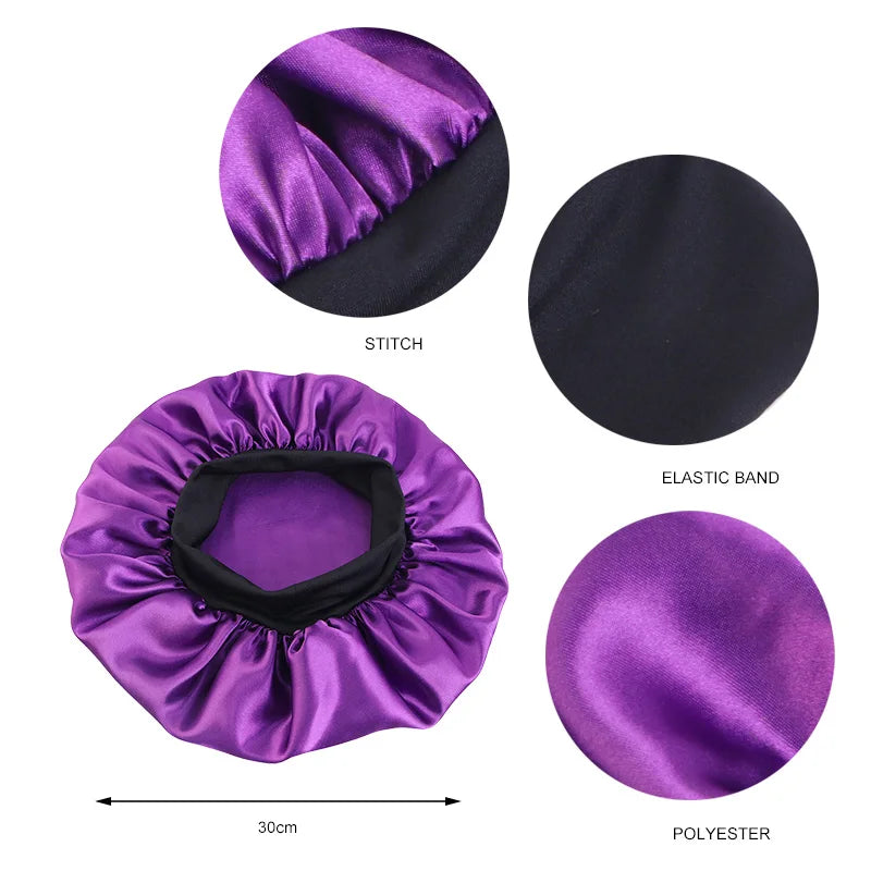 Purple silky durag pirate headband shown in various forms including a flat piece and a circular fabric.