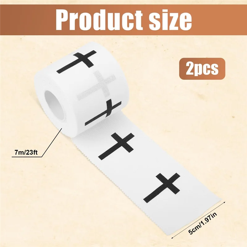 Rolls of white athletic tape with black crosses shown next to a measurement guide.